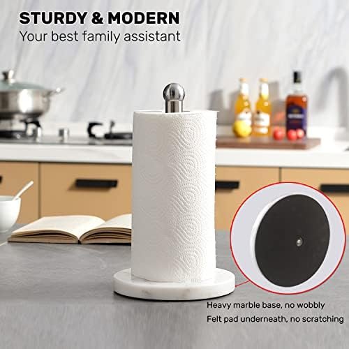 Paper Towel Holder Heavy Marble Base, Free Standing Paper Towel Holder Countertop for Kitchen, Paper Towel Dispenser with Weighted Base, Brushed Nickel Pole - Image 3