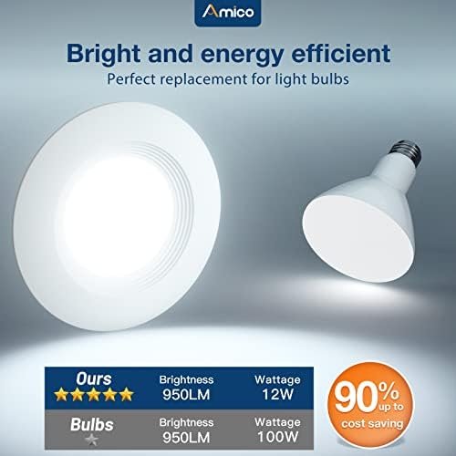 Amico 5/6 inch 5CCT LED Recessed Lighting 12 Pack, Dimmable, Damp Rated, 12.5W=100W, 950LM Can Lights with Baffle Trim, 2700K/3000K/4000K/5000K/6000K Selectable, Retrofit Installation - ETL & FCC - Image 6