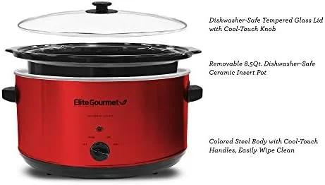 Elite Gourmet MST-900RXT# Electric Ceramic XL Jumbo Slow Cooker, Adjustable Temp, Entrees, Sauces, Stews & Dips, Dishwasher Safe Glass Lid & Crock, 8.5Qt, MetallicRed - Image 5