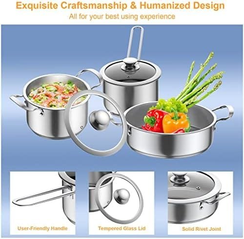 Stainless Steel pots and pans, 6 Piece Nonstick Kitchen Cookware Set,Works with Induction/Electric and Gas Cooktops, Dishwasher - Image 5