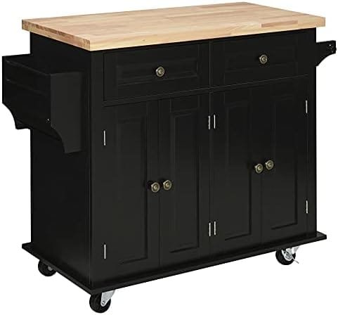HOMCOM Kitchen Island on Wheels, Rolling Cart with Rubberwood Top, Spice Rack, Towel Rack and Drawers for Dining Room, Black - Image 2