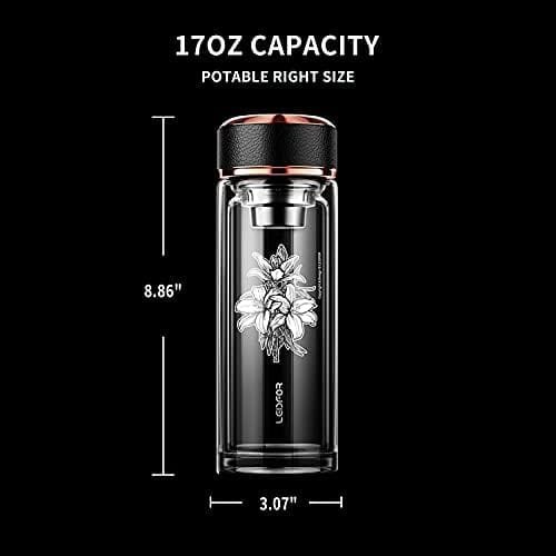 LEIDFOR Tea Infuser Bottle - BPA Free Double Wall Glass Travel Tea Mug With Stainless Steel Filter - Leakproof Tea Tumbler with Strainer for Loose Leaf Tea and Fruit Water 17 oz Lily - Image 4