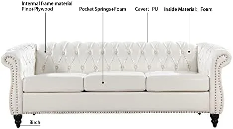 85" Chesterfield Fabric 3 Seater Couch-2 Set 39" Single Chair Set Furniture,Upholstered Sofa with Tufted Back,Roll Arm Classic Chesterfield Settee Couches for Living Room,Office (White + PU) - Image 5