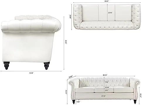 85" Chesterfield Fabric 3 Seater Couch-2 Set 39" Single Chair Set Furniture,Upholstered Sofa with Tufted Back,Roll Arm Classic Chesterfield Settee Couches for Living Room,Office (White + PU) - Image 3