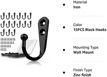 PRIGVOT 15 Pcs Black Wall Mounted Coat Hooks, Hanger Hook with 50 Pieces Screws for Towel, Key, Robe, Scarf, Bag, Cap, Coffee Cup, Mugs - Image 9