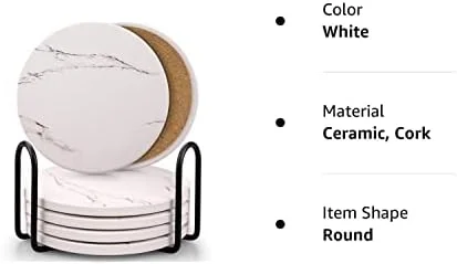 Coasters for Drinks, Absorbent Ceramic Stone Coasters Set with Metal Holder Stand, Cork Base, Marble Surface Pattern, Cups Place Mats for Home Decor, Set of 6 - White - Image 9