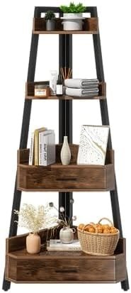 Elsie&Mi 55.1 Inch Tall Corner Shelf, 4-Tire 2 Drawers Corner Cabinet, Storage Rack for Living Room, Office, Kitchen, Basement, Bedroom, Rustic Brown - Image 2