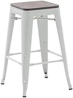 Alunaune 24" Metal Bar Stools Set of 4 Industrial Backless Counter Height Barstools Kitchen Patio Stool Stackable with Wooden Seat- White - Image 9