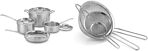 Cuisinart MCP-7NP1 Multiclad Pro Triple Ply 7-Piece Cookware Set Skillet & Mesh Strainers, 3 Pack Set, CTG-00-3MS Silver - Image 2