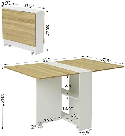 Tiptiper Folding Dining, Versatile Dinner Table with 6 Wheels and 2 Storage Racks, Space Saving Kitchen, Dining Room Table, 31.5 in x 51.2 in x 28.4 in, Pear Wood Color and White - Image 9
