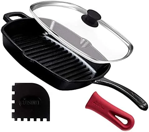 Cuisinel Cast Iron Square Grill Pan + Glass Lid - 10.5" Pre-Seasoned Ridged Skillet + Handle Cover + Pan Scraper - Grill, Stovetop, Fire Safe - Indoor and Outdoor Use - for Grilling, Frying, Sauteing - Image 2