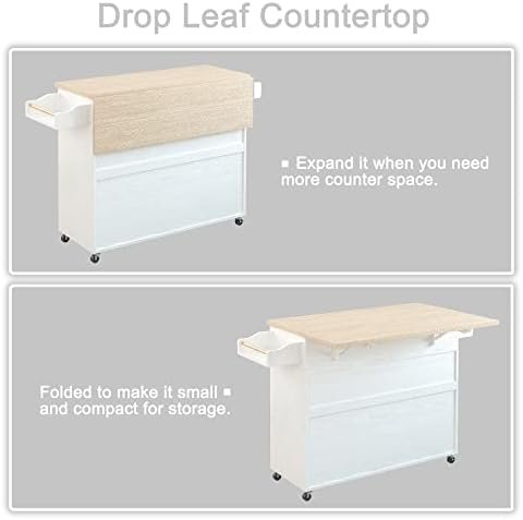 IRONCK Rolling Kitchen Island Cart with Drop-Leaf and Wine Rack, Microwave Rack Serving Cart on Wheels with Drawer & Shelves & Spice Rack & Cup Hanging, White - Image 6