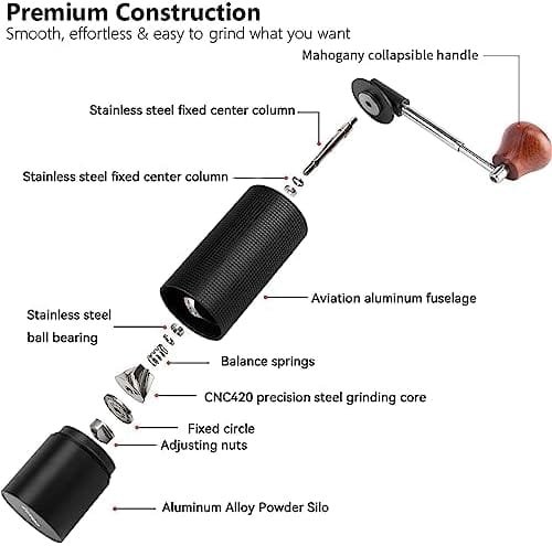 WhiteRhino Manual Coffee Grinder with Foldable Handle, Adjustable Stainless Steel Conical Burr Coffee Grinder, Double Bearing Positioning Hand Coffee Grinder for Espresso to French Press, Black - Image 5