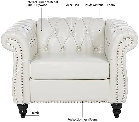 85" Chesterfield Fabric 3 Seater Couch-2 Set 39" Single Chair Set Furniture,Upholstered Sofa with Tufted Back,Roll Arm Classic Chesterfield Settee Couches for Living Room,Office (White + PU) - Image 6