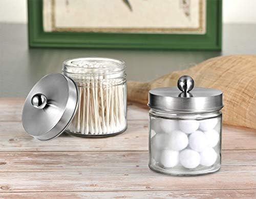 Bathroom Vanity Glass Storage Organizer Holder Canister Apothecary Jars for Cotton Swabs, Rounds, Balls, Qtips,Makeup Sponges, Flossers,Bath Salts - 2 Pack, Clear (Brushed Nickel) - Image 6