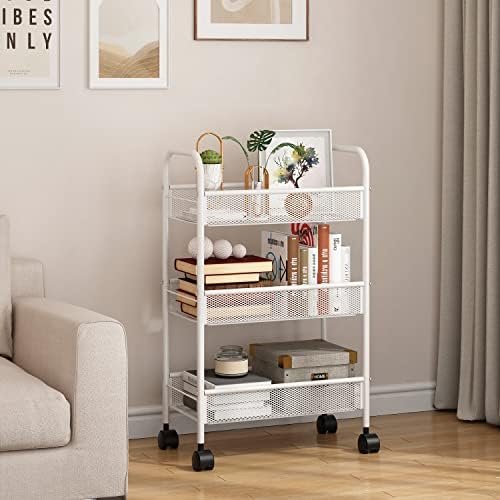 Simple Trending 3 Tier Rolling Storage Cart, Utility Organizer Shelves with Wheels for Kitchen Bathroom, Metal Mesh White - Image 6