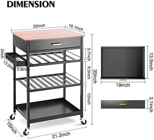 TOOLF Kitchen Island Cart with Drawer, Rolling Kitchen Service Cart with Wooden Tabletop, 3-Tier Storage Cart on Wheels, Storage Trolley Cart with Hooks for Kitchen, Dining Room - Image 7