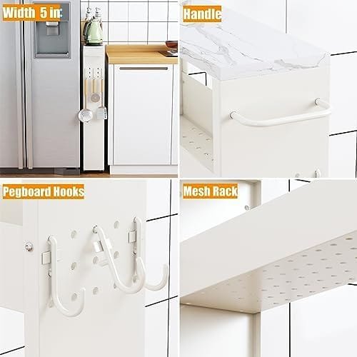 XYZLVSI Slim Storage Cart, 5 in Width, 4-Tier White Rolling Cart with Handle & Wooden Top for Kitchen Bathroom Laundry Narrow Places - Image 8
