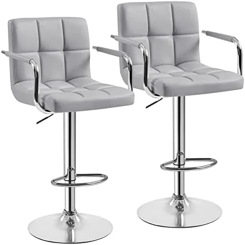 Yaheetech Modern Bar Stools Set of 2 Swivel Kitchen Stool Height Adjustable Square Counter Stool with Back&Armrest PU Leather Stool, Light Grey - Image 2