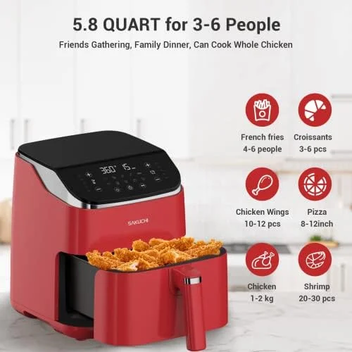 Sakuchi Air Fryer Large 5.8 Quart Air Fryers 10-in-1 Digital Air Fryer Oven Cooker with 10 Preset Cooking Programs, LED Touch Screen, Non-Stick Tray Basket, Auto Shut-Off, Pot Dishwasher Safe, 1500W (Red) - Image 4