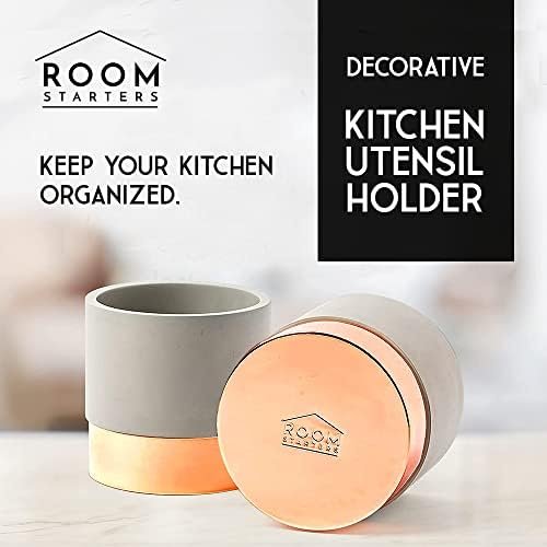 Room Starters Kitchen Utensil Holder for Countertop | Rustic Concrete/Steel Large Utensil Holder for Kitchen Counter | Organizer Caddy Crock (Copper) - Image 3