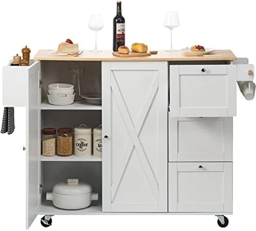 VEVOR Kitchen Island Cart with Solid Wood Top, 45.3" Width Mobile Carts with Storage Cabinet, Rolling Kitchen Table with Spice Rack, Towel Rack, Drop Leaf and Drawer, Portable Islands on Wheels, White - Image 10