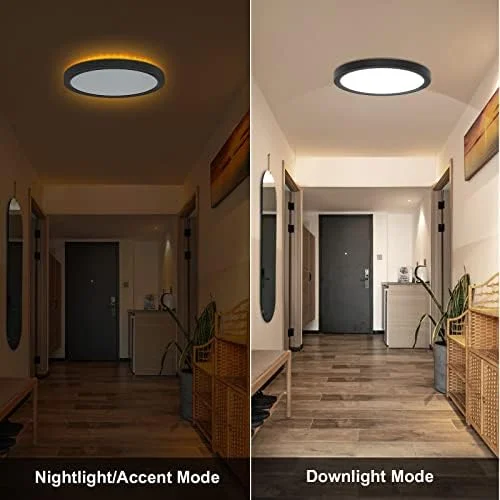 13 Inch LED Flush Mount Ceiling Light with Night Light, 24W, 2400lm, 3000K/4000K/5000K Selectable, Round Flat Panel Light, Dimmable Ceiling Light Fixture for Dining Room, Bedroom, Kitchen - Black - Image 3