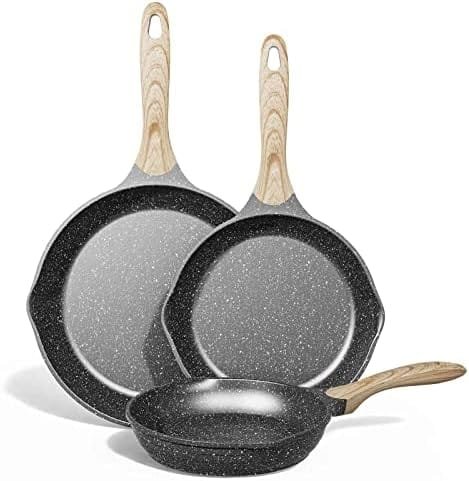 JEETEE Nonstick Pan, Nonstick Stone Frying Pan, Nonstick Omelette Skillet with Soft Touch Handle, 3-Piece Cookware Set Induction Compatible -8 Inch-9.5 Inch-11 Inch, Grey - Image 2