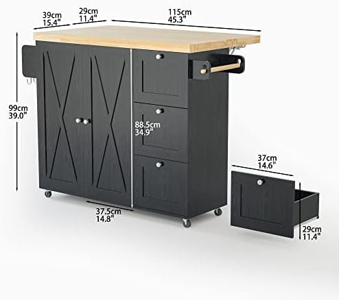 IRONCK Rolling Kitchen Island Cart with Drop-Leaf Countertop, Barn 3Drawers, Barn Door Style Cabine,Thicker Rubberwood Top, Spice Rack, on Wheels, for Kitchen and Dining Room, Black - Image 8