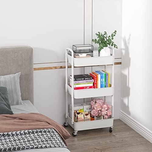 Sywhitta 3-Tier Plastic Rolling Utility Cart with Handle, Multi-Functional Storage Trolley for Office, Living Room, Kitchen, Movable Storage Organizer with Wheels, White - Image 8