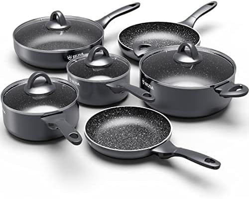 Induction Cookware Pots and Pans Set 10 Piece, BEZIA Dishwasher Safe Nonstick Cooking Pans, Stay-Cool Bakelite Handle, Scratch Resistant Kitchen Sets with Frying Pans, Saucepans & Stockpot - Image 2