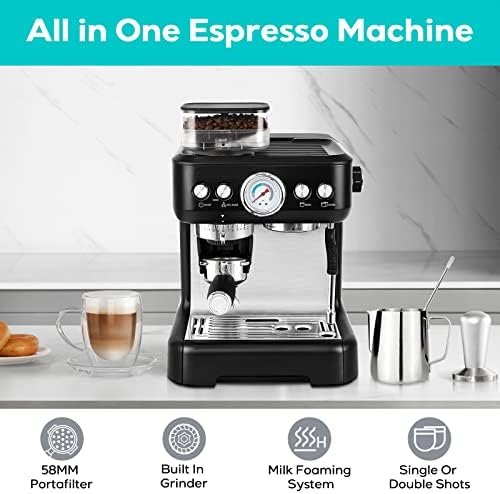 CASABREWS Espresso Machine With Grinder, 20 Bar Professional Espresso Maker With Milk Frother Steam Wand, Barista Cappuccino Machine With Removable Water Tank for Lattes, Stainless Steel Gift, Black - Image 3