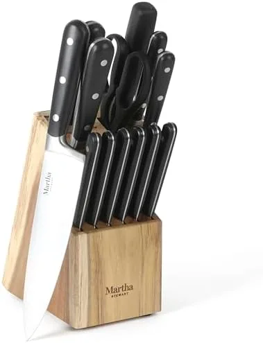 Martha Stewart Eastwalk 14 Piece High Carbon Stainless Steel Cutlery Knife Block Set w/ABS Triple Riveted Forged Handle Acacia Wood Block - Matte Black - Image 2