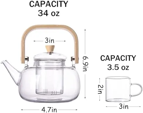 Motanber Glass Teapot|Stovetop & Microwave Safe Teapot|34oz(1000ml)|for Blooming flower tea and Loose Leaf tea Maker Set (1 teapot & 6 cups) - Image 3