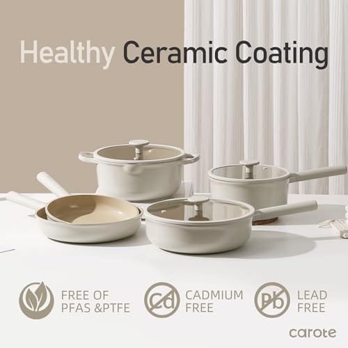 CAROTE Nonstick Pots and Pans Set, 12 Pcs Ceramic Cookware Sets, Healthy Non Stick Induction Cookware Kitchen Granite Cooking Set w/Frying Pans & Saucepan, PFOS, PFOA Free - Image 4