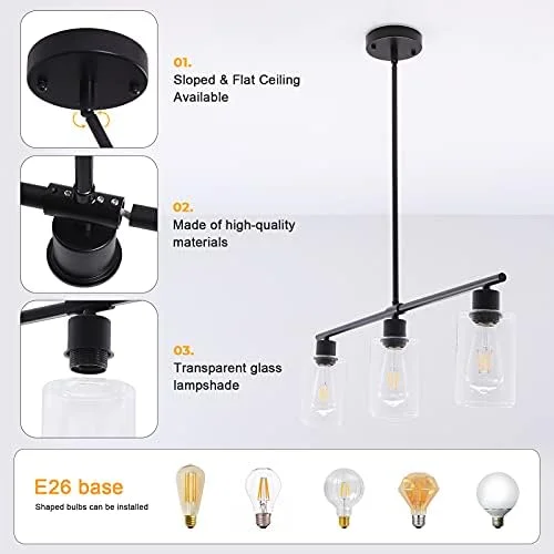 TYNEWRGY Black Kitchen Island Lighting, 3-Light Modern Pendant Light Fixture with Glass Shades, Rustic Farmhouse Chandelier, Hanging Light fixtures for Kitchen Island Living Dining Room Bedroom Foyer - Image 5