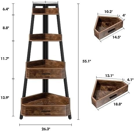 Elsie&Mi 55.1 Inch Tall Corner Shelf, 4-Tire 2 Drawers Corner Cabinet, Storage Rack for Living Room, Office, Kitchen, Basement, Bedroom, Rustic Brown - Image 4