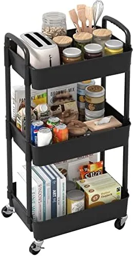 Sywhitta 3-Tier Plastic Rolling Utility Cart with Handle, Multi-Functional Storage Trolley for Office, Living Room, Kitchen, Movable Storage Organizer with Wheels, Black - Image 9