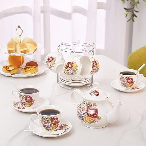Tea Sets 20-Piece Coffee (7oz) Tea Cup Set Ceramic Vintage Flower European Style,Tea Set for Women Tea Party Afternoon (28oz) Teapot Set Tea Supplies Tea Cup and Saucer Set - Image 6