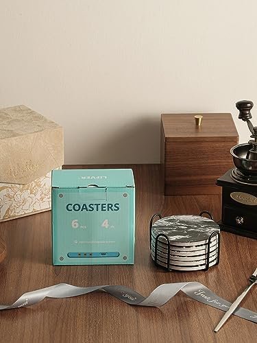 LIFVER Coasters Set of 6, Coasters for Drinks Absorbent Stone with Holder, Black Marble Style Ceramic Drink Coaster for Tabletop Protection, Coffee Table Decor Ideal for Home Decor House Warming Gifts - Image 9