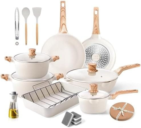 Pots and Pans Set - Caannasweis Kitchen Nonstick Cookware Sets Granite Frying Pans for Cooking Marble Stone Pan Sets Kitchen Essentials Set (Roasting Pan Beige) - Image 2