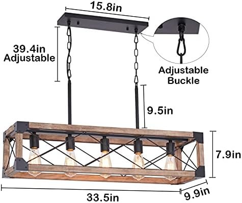 Airposta Kitchen Island Lighting, 33.5-Inch 5 Lights Farmhouse Linear Chandelier for Dining Room Pool Table Pendant Light Fixture, Rustic Wood Grain Finish, Industrial Pendant Light - Image 6