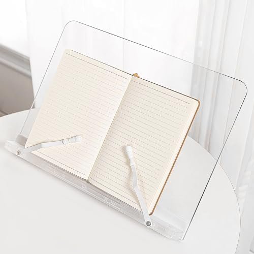 Acrylic Book Stand,Book Stand Ajustable,Book Display Stand with Pen Slot Foldable Desktop Handsfree Book Holder for Reading Writing Drawing Cookbook Clear with Page Clips - Image 2