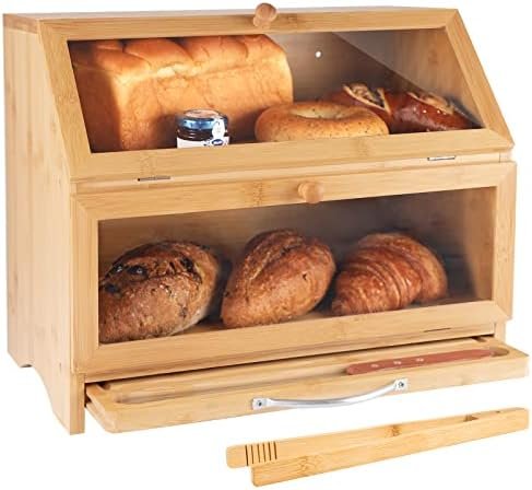MAISONPEX Double Layer Bamboo Bread Box for Kitchen Countertop, Cutting Board, and Stainless Steel Bread Knife, Large Capacity Storage Container with Clear Windows (Self-Assembly) - Image 2