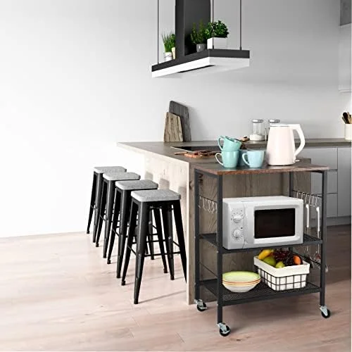 Microwave Oven Stand, Kitchen Baker's Rack 3-Tier Mesh Kitchen Storage Cart with Metal Frame Industrial Wood Accent Furniture for Living Room, Bedroom, Kitchen - Rustic Brown - Image 8
