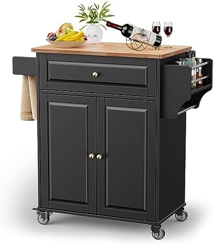 Gizoon Kitchen Island Cart on Wheels, 25.6" Wooden Top Rolling Kitchen Island with Drawer, Spice Rack Towel Bar, 2 Door Cabinets, Mobile Microwave Cart for Dining Room, Home Bar, Black - Image 2