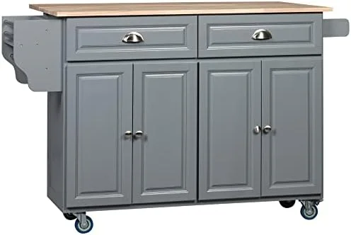 HOMCOM Rolling Kitchen Island on Wheels, Kitchen Cart with Solid Wood Drop Leaf Breakfast Bar, Storage Drawers, 4-Door Cabinets, Spice Rack, Dark Gray - Image 2