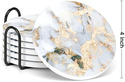 Nipichsha Coasters for Drinks, Set of 6 Marble Absorbent Ceramic Coasters with Holder and Cork Base, Cute Stone Drink Coasters for Cup Kitchen Home Decor Housewarming Gift, Round 4", White Gray Gold - Image 3