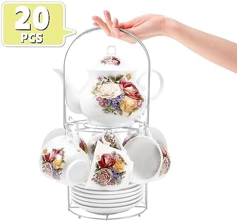 Tea Sets 20-Piece Coffee (7oz) Tea Cup Set Ceramic Vintage Flower European Style,Tea Set for Women Tea Party Afternoon (28oz) Teapot Set Tea Supplies Tea Cup and Saucer Set - Image 3