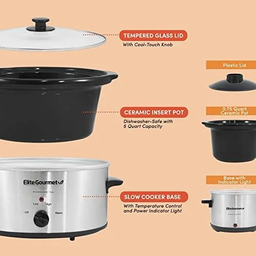 Elite Gourmet MST-500D Electric Slow Cooker, Includes 0.75-Quart Dipper with Adjustable Temp, Entrees, Sauces, Stews & Dips, Dishwasher Safe Glass Lid & Crock, 5 Quart, Stainless Steel - Image 3